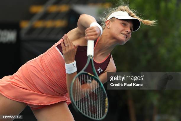 Dayana Yastremska of the Ukraine serves to Angelique Kerber of Germany during day four of the 2020 Adelaide International at Memorial Drive on...