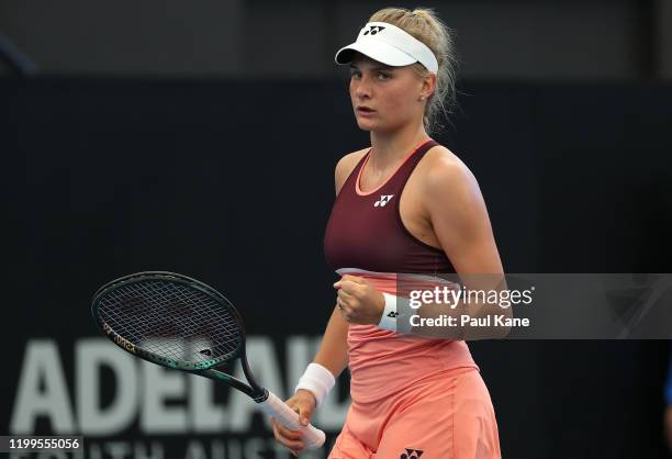 Dayana Yastremska of the Ukraine celebrates a point in her singles match against Angelique Kerber of Germany Angelique Kerber of Germany during day...