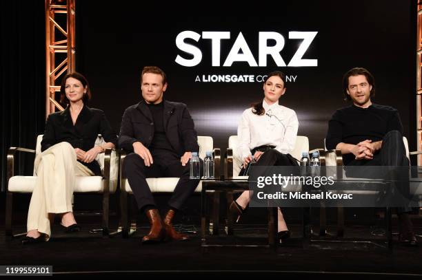 Caitriona Balfe, Sam Heughan, Sophie Skelton and Richard Rankin of 'Outlander' speaks onstage during STARZ TCA Winter 2020 on January 14, 2020 in...