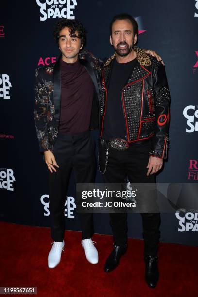 Actors Alex Wolff and Nicolas Cage attend the special screening of "Color Out Of Space" at the Vista Theatre on January 14, 2020 in Los Angeles,...