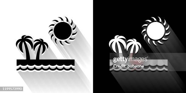 paradise black and white icon with long shadow - palm tree shadow stock illustrations