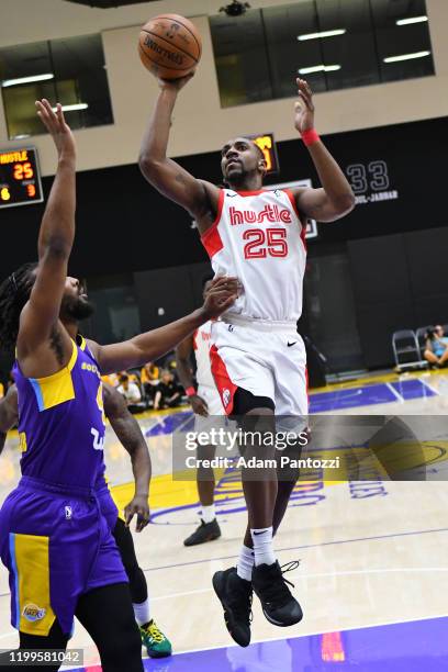 Marquis Teague of the Memphis Hustle goes to the basket against the South Bay Lakers on February 08, 2020 at UCLA Heath Training Center in El...