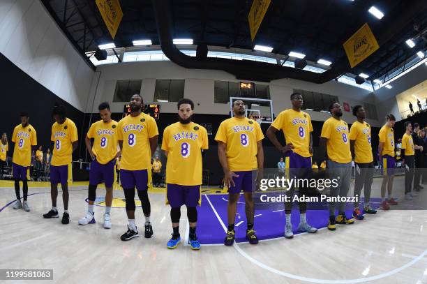 Members of the South Bay Lakers observe a moment of silence in honor of Kobe Bryant before the game against the Memphis Hustle on February 08, 2020...