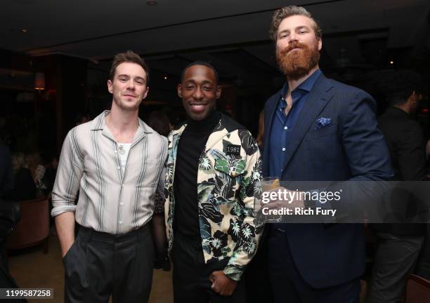 Sam Keeley, Jeremy Tardy and Derek Theler attend the premiere of Paramount Pictures' "68 Whiskey" at Sunset Tower on January 14, 2020 in Los Angeles,...