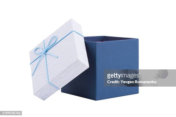 blue opened gift box isolated on white background - lint strik stockfoto's en -beelden