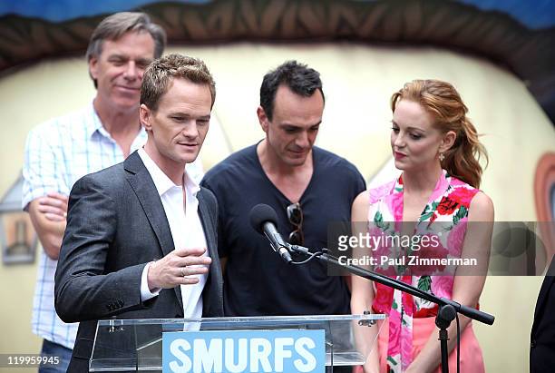 Neil Patrick Harris, Hank Azaria and Jayma Mays attend the New York Smurf Week kick off ceremony at Smurfs Village at Merchant's Gate, Central Park...
