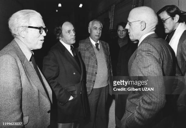 Pierre Boulez, Roland Barthe et Michel Foucault à Paris le 23 février 1978, France.