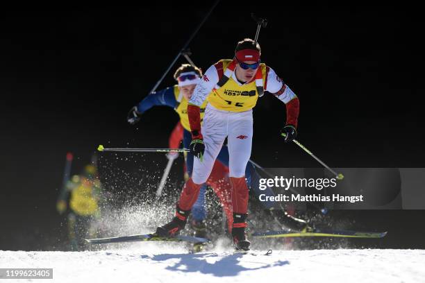 Jan Gunka of Poland competes in Mixed Relay in biathlon during day 6 of the Lausanne 2020 Winter Youth Olympics at Les Tuffes Nordic Centre on...