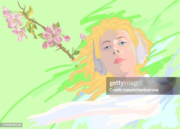 fashionable vector illustration allegory of spring horizontal portrait of a blond girl with long hair in white clothes in headphones on a background of blossoming apple trees bright spring - only teenage girls stock illustrations