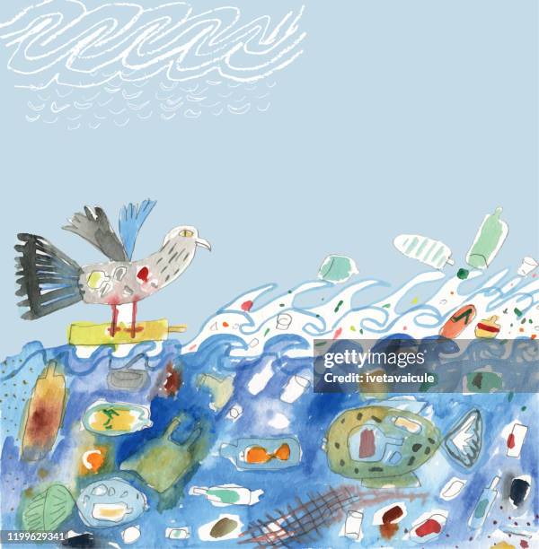 plastic pollution. environmental issues - fish painting stock illustrations