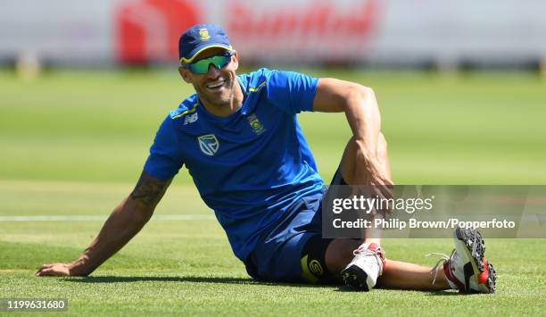 Faf du Plessis of South Africa looks on during a training session at St George's Park before the third Test Match between South Africa and England on...