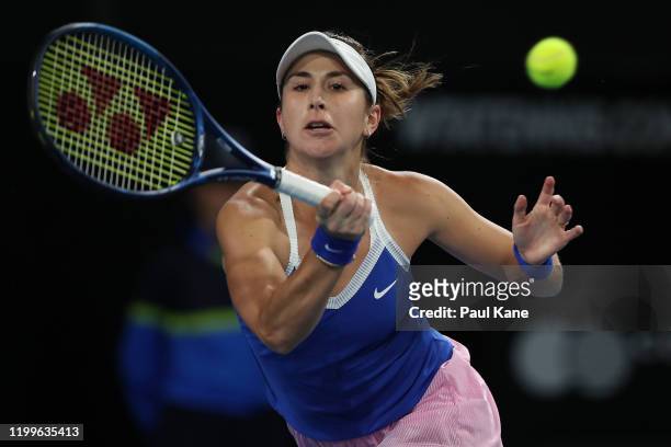 Belinda Bencic of Switzerland plays a forehand to Julia Georges of Germany during day four of the 2020 Adelaide International at Memorial Drive on...