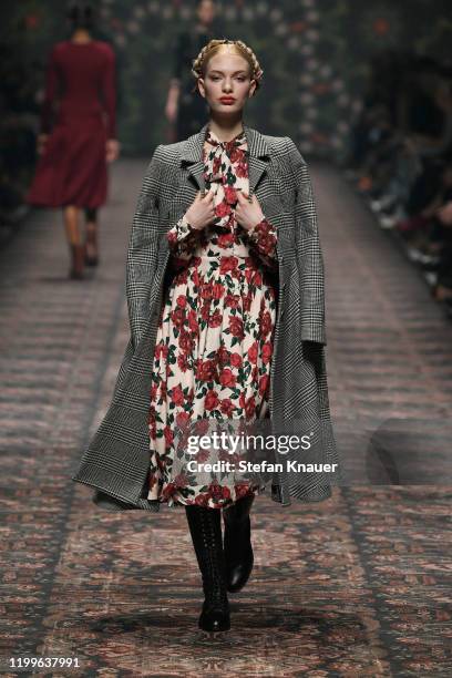 Model walks the runway at the Lena Hoschek show during Berlin Fashion Week Autumn/Winter 2020 at Kraftwerk Mitte on January 15, 2020 in Berlin,...