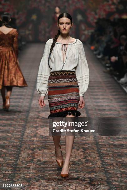 Model walks the runway at the Lena Hoschek show during Berlin Fashion Week Autumn/Winter 2020 at Kraftwerk Mitte on January 15, 2020 in Berlin,...