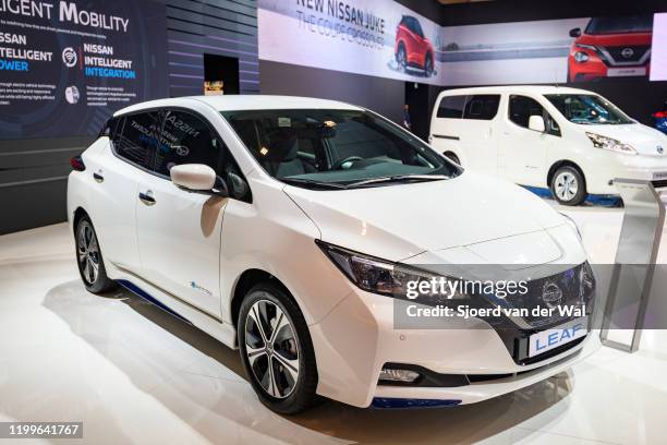 Nissan Leaf compact five-door hatchback battery electric vehicle on display at Brussels Expo on January 9, 2020 in Brussels, Belgium. The second...