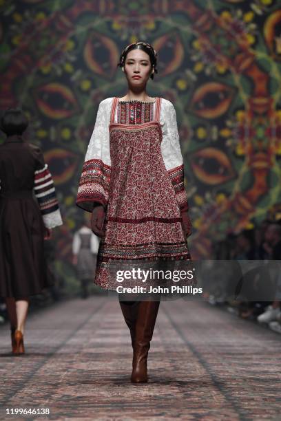 Model walks the runway at the Lena Hoschek show during Berlin Fashion Week Autumn/Winter 2020 at Kraftwerk Mitte on January 15, 2020 in Berlin,...