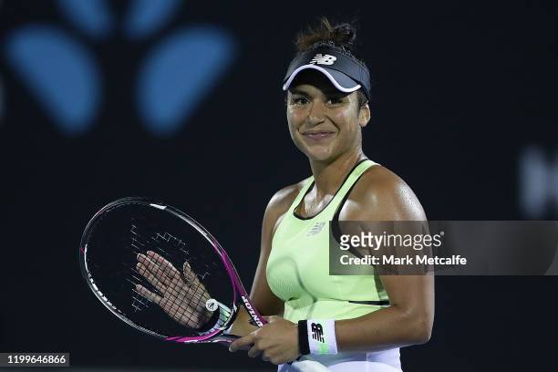 Heather Watson of Great Britain celebrates winning match point during her second round singles match against Fiona Ferro of France during day five of...