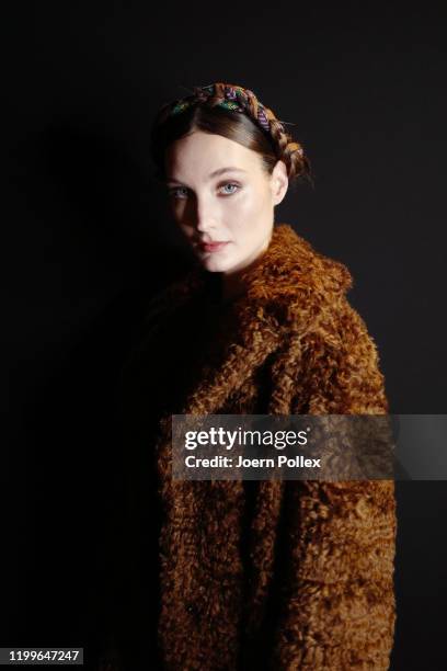 Model is seen backstage ahead of the Lena Hoschek show during Berlin Fashion Week Autumn/Winter 2020 at Kraftwerk Mitte on January 15, 2020 in...