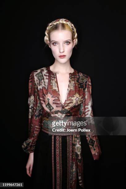 Model is seen backstage ahead of the Lena Hoschek show during Berlin Fashion Week Autumn/Winter 2020 at Kraftwerk Mitte on January 15, 2020 in...