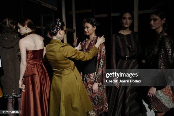 Designer Lena Hoschek is seen backstage ahead of the Lena Hoschek show during Berlin Fashion Week Autumn/Winter 2020 at Kraftwerk Mitte on January...