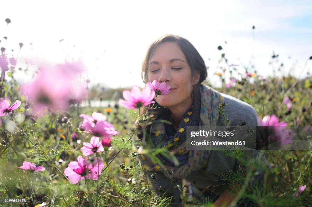 Portrait of women smelling on wild flower, flower meadow