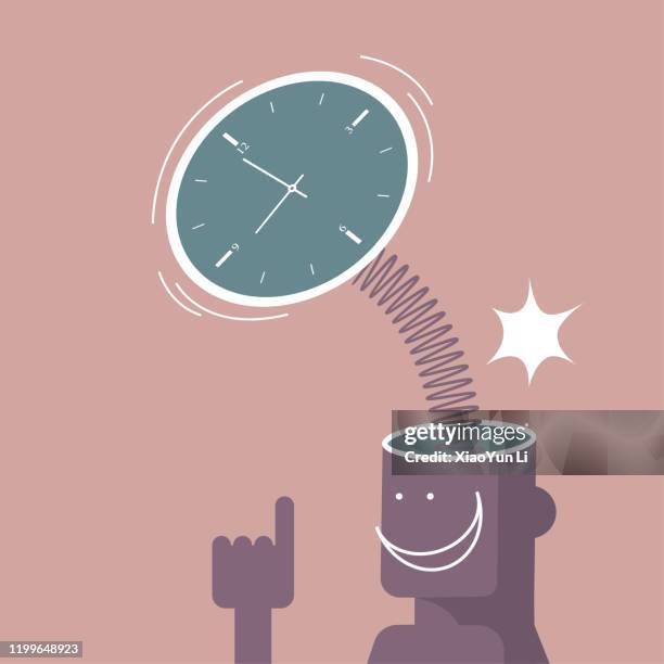 ilustraciones, imágenes clip art, dibujos animados e iconos de stock de diseño de lluvia de ideas, reloj sale de cerebro. aislado sobre fondo marrón. - resiliencia