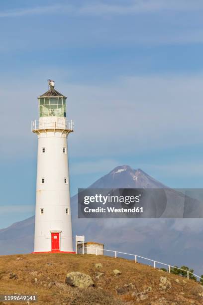 new zealand, south†taranaki†district, pungarehu, cape†egmont†lighthouse with mount†taranaki†volcano in background - cape egmont lighthouse stock pictures, royalty-free photos & images