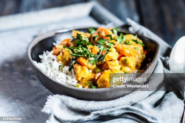 bowl of vegan curry with potatoes, carrots, peas, parsley and pumpkin - kohlrübe stock-fotos und bilder