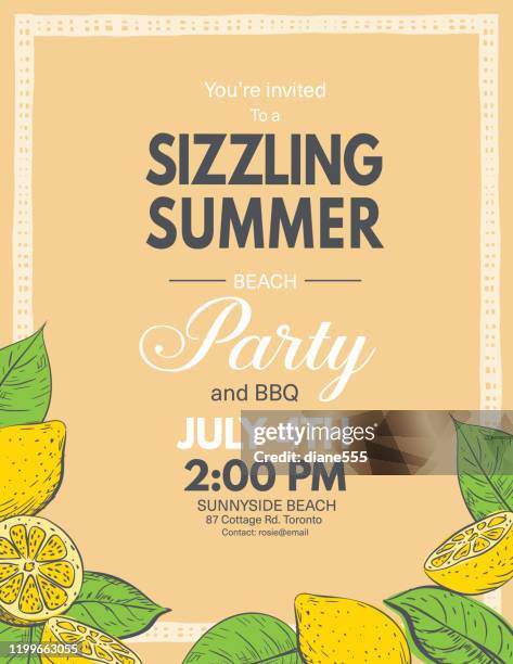 ilustraciones, imágenes clip art, dibujos animados e iconos de stock de plantilla de invitación de fiesta de verano con limones y hojas - fiesta de piscina