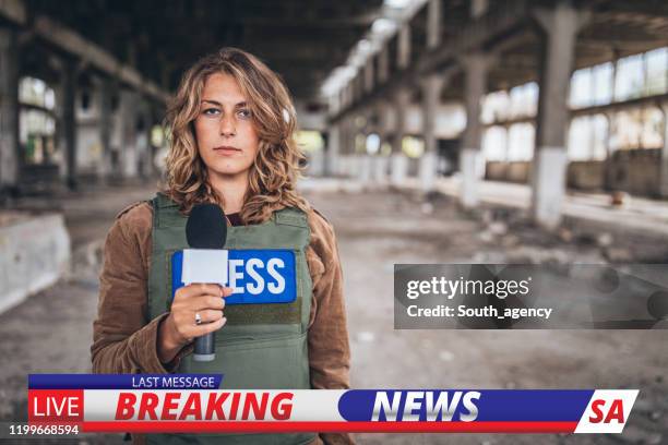 lady reporting live from the war zone - correspondence stock pictures, royalty-free photos & images