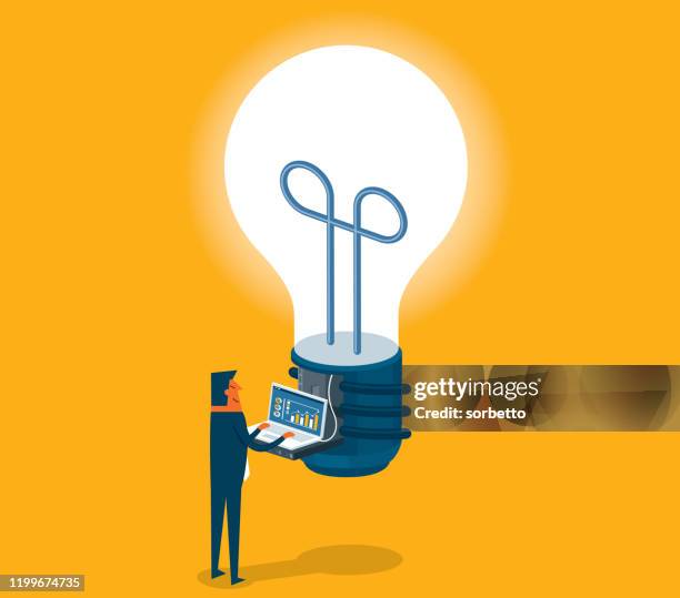 ideas - businessman - man thinking at computer stock illustrations