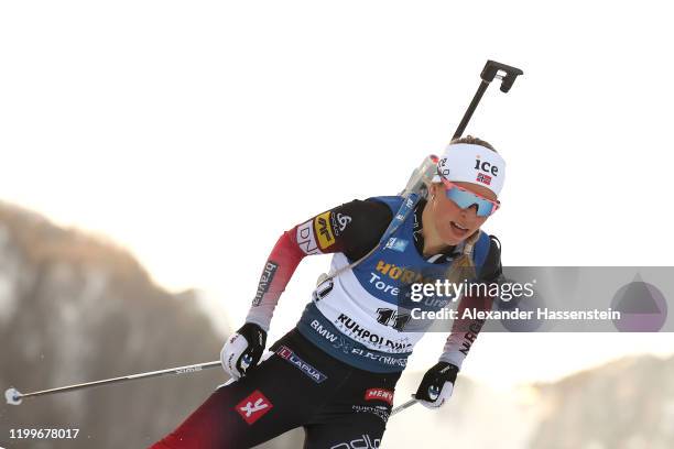 Tiril Eckhoff of Norway competes during the Women 7.5 km Sprint Competition at the BMW IBU World Cup Biathlon Ruhpolding on January 15, 2020 in...