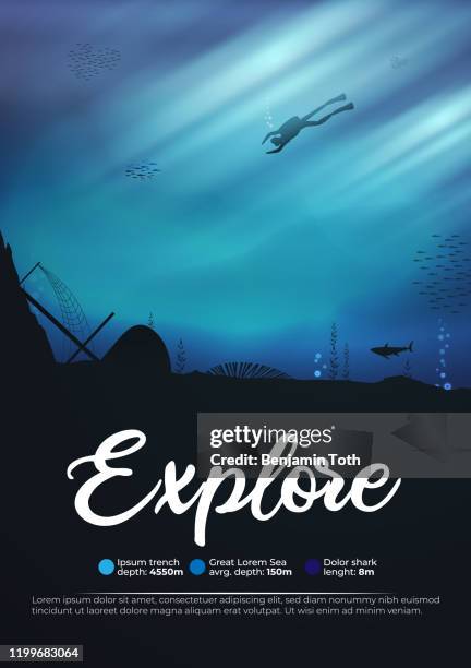 scuba diver underwater ocean scene background of reefs explore poster - diving into water stock illustrations