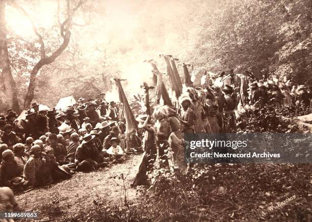 Rare vintage image of indigenous - native dancers in traditional White Deerskin Dance, Hupa tribe, Humboldt County, California. Portrait was...