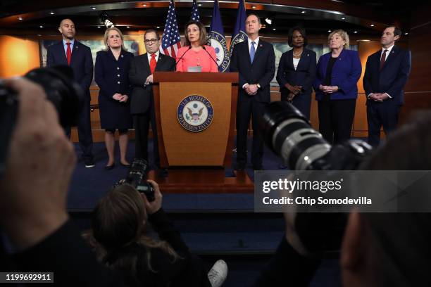 Speaker of the House Nancy Pelosi announces that Rep. Hakeem Jeffries , Rep. Sylvia Garcia , Rep. Jerrold Nadler , Rep. Adam Schiff , Rep. Val...