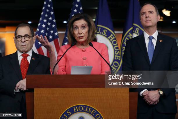 Speaker of the House Nancy Pelosi announces that Rep. Jerrold Nadler and Rep. Adam Schiff will lead the seven managers of the Senate impeachment...