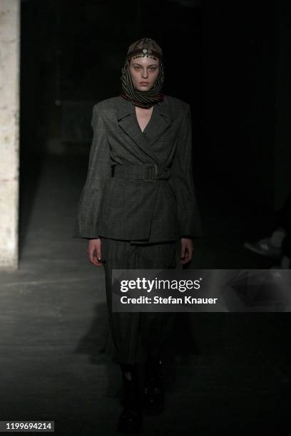 Model walks the runway at the Nobi Talai show during Berlin Fashion Week Autumn/Winter 2020 at Kraftwerk Mitte on January 15, 2020 in Berlin, Germany.