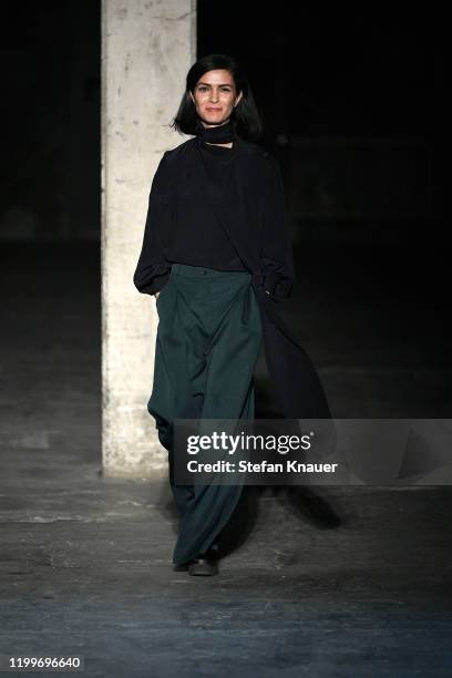 Designer Nobieh Talaei acknowledges the applause of the audience after the Nobi Talai show during Berlin Fashion Week Autumn/Winter 2020 at Kraftwerk...