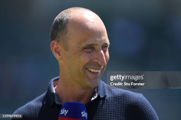 Ex England captain and Sky Sports commentator Nasser Hussain reacts during England nets ahead of the 3rd Test Match against South Africa at St...