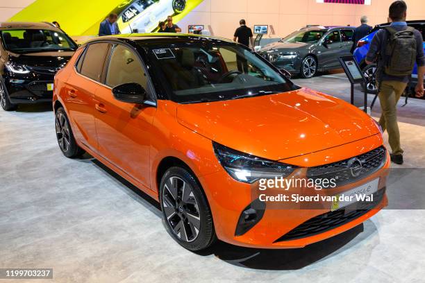 Opel Corsa-e compact all electric car on display at Brussels Expo on January 9, 2020 in Brussels, Belgium. The Opel Corsa or Vauxhall Corsa is...