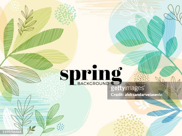 stockillustraties, clipart, cartoons en iconen met hand getekende voorjaar verlaat achtergrond - springtime