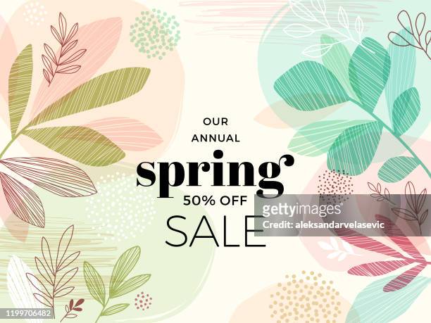 hand drawn spring leaves background - plant stock illustrations