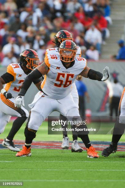 Wildcats offensive guard Nico Siragusa prepares to pass block during the XFL football game between the Los Angeles Wildcats and Houston Roughnecks at...