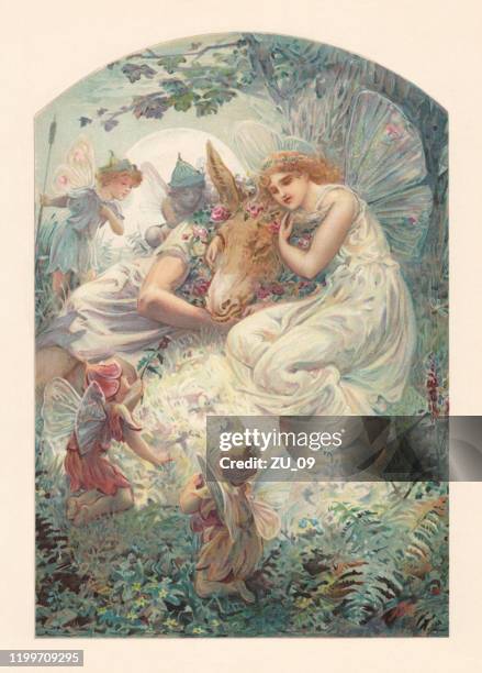 a midsummer night's dream by william shakespeare, chromolithograph, published 1899 - titania stock illustrations