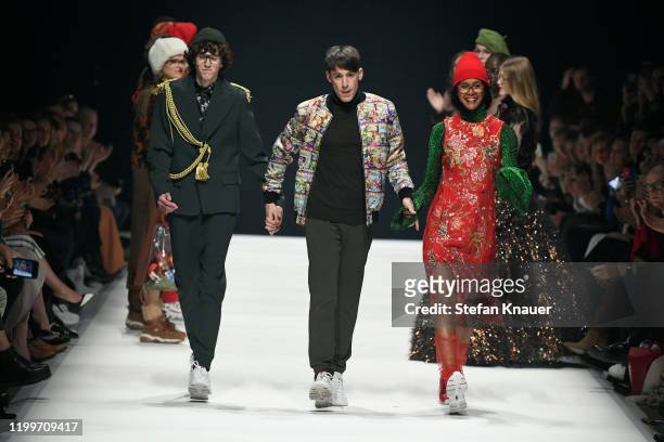 Designer Kilian Kerner and models acknowledge the applause of the audience after the KXXK show during Berlin Fashion Week Autumn/Winter 2020 at...