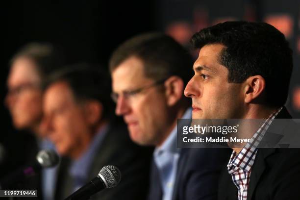 Red Sox Chief Baseball Officer Chaim Bloom addresses the departure of Alex Cora as manager of the Boston Red Sox during a press conference at Fenway...