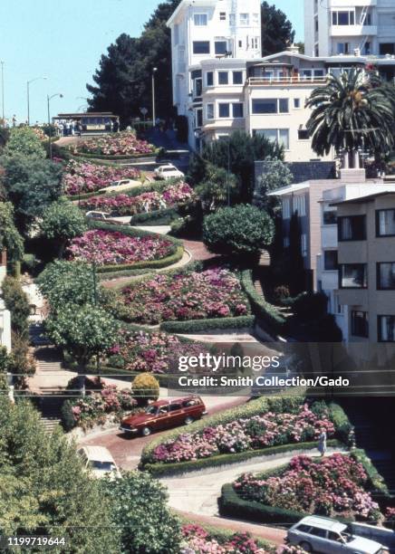 Aerial view of cars driving down the iconic Lombard Street in San Francisco, California, 1965.