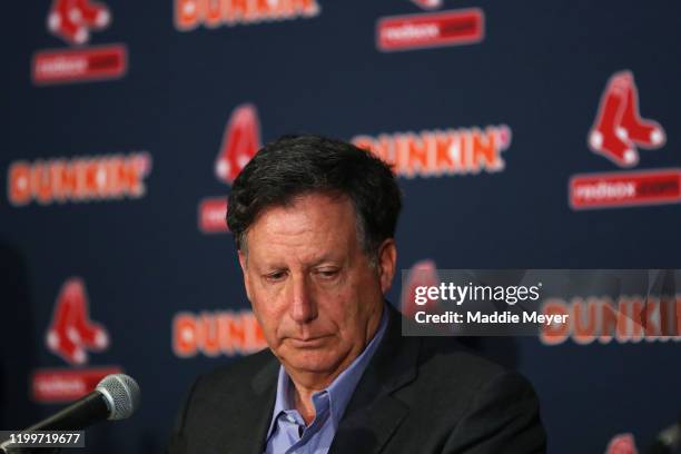 Red Sox Chairman Tom Werner looks on during a press conference addressing the departure of Alex Cora as manager of the Boston Red Sox at Fenway Park...