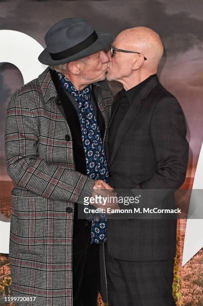 Ian McKellen and Sir Patrick Stewart kiss on the red carpet during the "Star Trek Picard" UK Premiere at Odeon Luxe Leicester Square on January 15,...