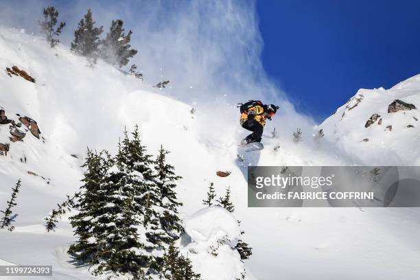 This image taken on February 7, 2020 shows freeride snowboarder Marion Haerty of France competing during the Women's snowboard event of the second...